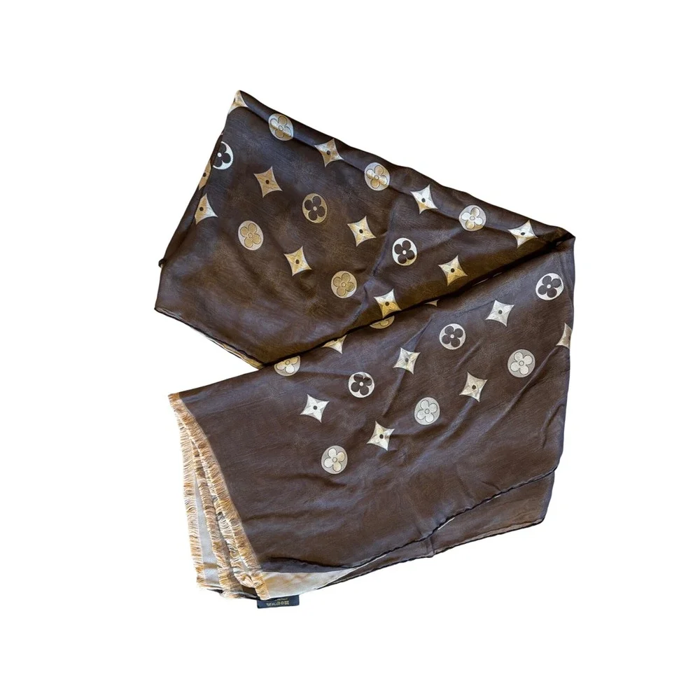 Louis Vuitton VL Silk Monogram Fleur Stole Brown Gold Reversible St Petersburg